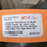 Field Boots, 2x Black Plastic Forms *gc, clean, rubs, faded, creases, scuffs, stitching rubs, holey top edge

