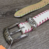 Leather Belt, metal flowers pattern, Buckles *vgc, buckle: chips, scratches, rubs, stains
