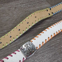 Leather Belt, metal flowers pattern, Buckles *vgc, buckle: chips, scratches, rubs, stains
