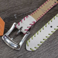 Leather Belt, metal flowers pattern, Buckles *vgc, buckle: chips, scratches, rubs, stains
