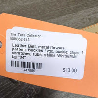 Leather Belt, metal flowers pattern, Buckles *vgc, buckle: chips, scratches, rubs, stains
