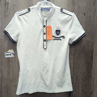 SS Polo Show Shirt, 1/4 button Up, attached snap collar *gc, mnr pits, rubs, pills, shrunk embroidery, snags & stains
