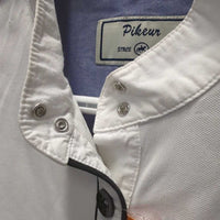 SS Polo Show Shirt, 1/4 button Up, attached snap collar *gc, mnr pits, rubs, pills, shrunk embroidery, snags & stains
