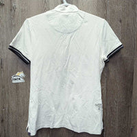 SS Polo Show Shirt, 1/4 button Up, attached snap collar *gc, mnr pits, rubs, pills, shrunk embroidery, snags & stains
