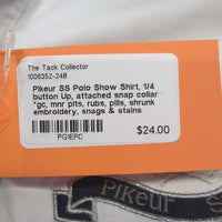 SS Polo Show Shirt, 1/4 button Up, attached snap collar *gc, mnr pits, rubs, pills, shrunk embroidery, snags & stains
