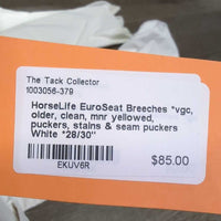 EuroSeat Breeches *vgc, older, clean, mnr yellowed, puckers, stains & seam puckers
