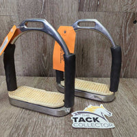 Flexi Stirrup Irons, grips *fair, clean, v.cracked & peeling rubber, v.rubbed & torn grips

