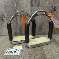 Flexi Stirrup Irons, grips *fair, clean, v.cracked & peeling rubber, v.rubbed & torn grips
