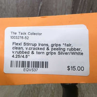 Flexi Stirrup Irons, grips *fair, clean, v.cracked & peeling rubber, v.rubbed & torn grips
