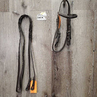 Rsd Bridle, Braided Reins *gc, NO noseband, clean, mnr edge scrapes, stiff, creases, modified reins, throat & cheeks
