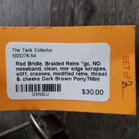 Rsd Bridle, Braided Reins *gc, NO noseband, clean, mnr edge scrapes, stiff, creases, modified reins, throat & cheeks
