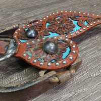 Vintage Western Rowel Spurs *gc, thick residue, faded, rubs & rust & Tooled Leather Spur Straps *like new
