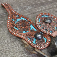 Vintage Western Rowel Spurs *gc, thick residue, faded, rubs & rust & Tooled Leather Spur Straps *like new
