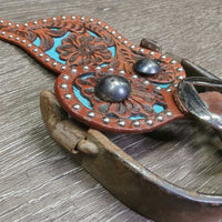 Vintage Western Rowel Spurs *gc, thick residue, faded, rubs & rust & Tooled Leather Spur Straps *like new
