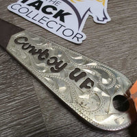 Antique Brown Tooled Metal Hoof Pick "Cowboy Up" *vgc/xc, mnr rubs & stains
