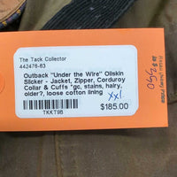 "Under the Wire" Oilskin Slicker - Jacket, Zipper, Corduroy Collar & Cuffs *gc, stains, hairy, older?, loose cotton lining
