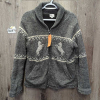 High Collar Light Fleece Lined Wool Sweater, Zipper *vgc, mnr hair, stretched cuffs, rubs & pills
