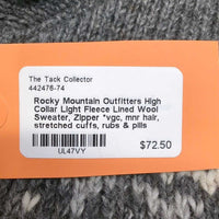High Collar Light Fleece Lined Wool Sweater, Zipper *vgc, mnr hair, stretched cuffs, rubs & pills
