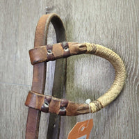 Sliding One Ear Leather & Rawhide Headstall, laces *gc, dry, faded, dents, mnr film, dirt, scrapes & stains, broken lace
