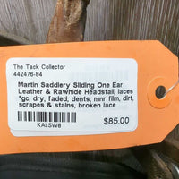 Sliding One Ear Leather & Rawhide Headstall, laces *gc, dry, faded, dents, mnr film, dirt, scrapes & stains, broken lace
