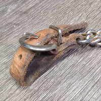 Thick Leather & Double Chain Chin - Curb Strap, buckles *gc, clean & residue, bent, rubs, dry, stains, rusty
