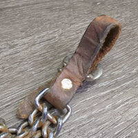 Thick Leather & Double Chain Chin - Curb Strap, buckles *gc, clean & residue, bent, rubs, dry, stains, rusty
