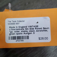 VINTAGE v.fine/delicate Sm Side Rowel Spurs *gc, older, stains, clean, scratches, green spots
