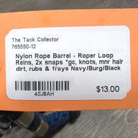 Nylon Rope Barrel - Roper Loop Reins, 2x snaps *gc, knots, mnr hair, dirt, rubs & frays
