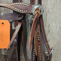 Headstall, Split Reins, "FB" Peruvian? Low Port Copper Curb Bit *vgc/gc, dry, clean, edge scrapes & rubs, MISSING Screw, mnr dirt
