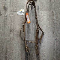 Thick Double Leather One Ear Headstall, 2 leather laces gc, clean, older, scrapes, stains, stiff , dents, dry, rust, crack?slice
