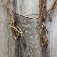 Thick Double Leather One Ear Headstall, 2 leather laces gc, clean, older, scrapes, stains, stiff , dents, dry, rust, crack?slice
