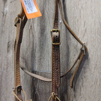 Thick Double Leather One Ear Headstall, 2 leather laces gc, clean, older, scrapes, stains, stiff , dents, dry, rust, crack?slice
