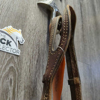 Thick Double Leather One Ear Headstall, 2 leather laces gc, clean, older, scrapes, stains, stiff , dents, dry, rust, crack?slice
