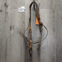 Thick Double Leather One Ear Headstall, 2 leather laces gc, clean, older, scrapes, stains, stiff , dents, dry, rust, crack?slice
