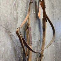 Thick Double Leather One Ear Headstall, 2 leather laces gc, clean, older, scrapes, stains, stiff , dents, dry, rust, crack?slice
