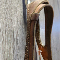 Thick Double Leather One Ear Headstall, 2 leather laces gc, clean, older, scrapes, stains, stiff , dents, dry, rust, crack?slice

