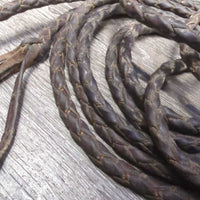 Soft Narrow Round Braided Leather Split Reins, snaps *gc, rubs, residue/fil, stretched, stains
