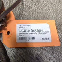 Soft Narrow Round Braided Leather Split Reins, snaps *gc, rubs, residue/fil, stretched, stains
