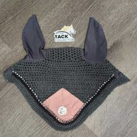 Crochet Fly Veil Ear Bonnet, piping, bling *gc, clean, faded, curled, rubs, pills, snags
