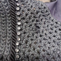Crochet Fly Veil Ear Bonnet, piping, bling *gc, clean, faded, curled, rubs, pills, snags
