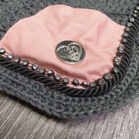 Crochet Fly Veil Ear Bonnet, piping, bling *gc, clean, faded, curled, rubs, pills, snags
