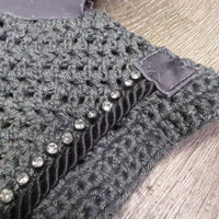 Crochet Fly Veil Ear Bonnet, piping, bling *gc, clean, faded, curled, rubs, pills, snags
