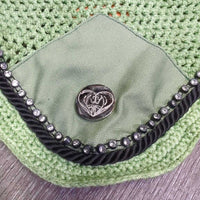 Crochet Fly Veil Ear Bonnet, piping, bling *vgc, clean, shrunk? puckered, curled/twisted bling
