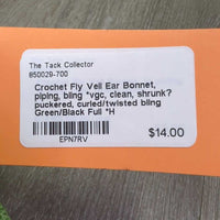 Crochet Fly Veil Ear Bonnet, piping, bling *vgc, clean, shrunk? puckered, curled/twisted bling
