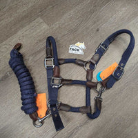 Nylon Rope & Leather Halter, adj, snap & Lead Rope *vgc/fair, clean, mnr hair, dirt, rubs, frays, snags, chews & holey spots, unstitched & loose end
