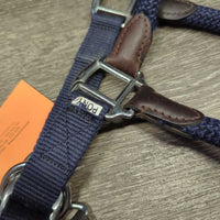 Nylon Rope & Leather Halter, adj, snap & Lead Rope *vgc/fair, clean, mnr hair, dirt, rubs, frays, snags, chews & holey spots, unstitched & loose end
