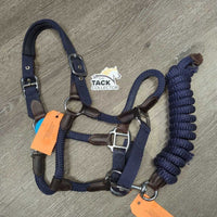 Nylon Rope & Leather Halter, adj, snap & Lead Rope *vgc/fair, clean, mnr hair, dirt, rubs, frays, snags, chews & holey spots, unstitched & loose end
