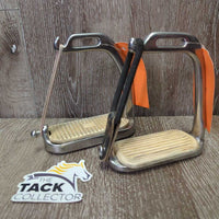 Hvy Peacock Safety Stirrup Irons, 1 els & leather keeper, 1 hair elastic *gc, clean, scratches, residue, mismatched grip
