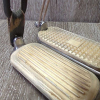 Hvy Peacock Safety Stirrup Irons, 1 els & leather keeper, 1 hair elastic *gc, clean, scratches, residue, mismatched grip
