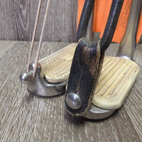 Hvy Peacock Safety Stirrup Irons, 1 els & leather keeper, 1 hair elastic *gc, clean, scratches, residue, mismatched grip
